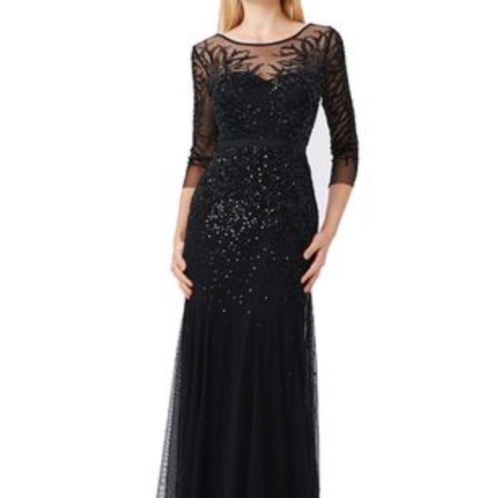 Adrianna Papell 3/4 sleeves beaded illusion sleeve long gown - Picture 7 of 14